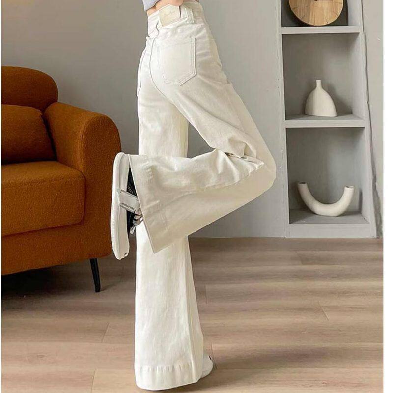 遮米白色拖地气质腿腿高腰夏季裤微喇牛仔阔腿裤女大长宽薄款肚子
