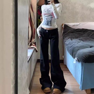 宽松加长微喇新款低腰高个子辣妹