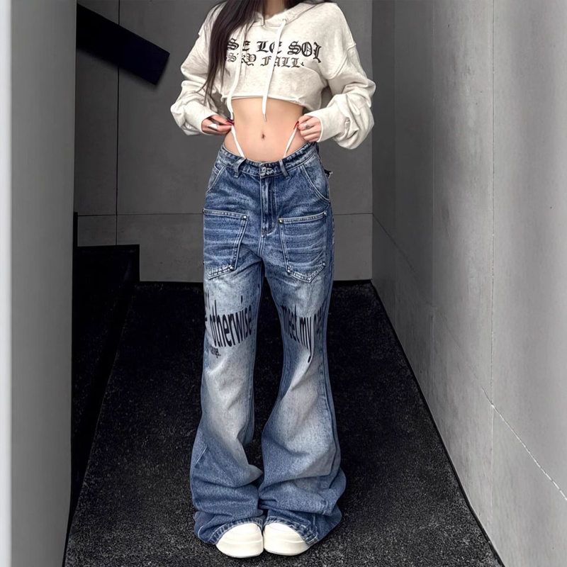 裤子美式印花长朋克拖地秋季辣妹男女显瘦牛仔裤新款亚比2025街头