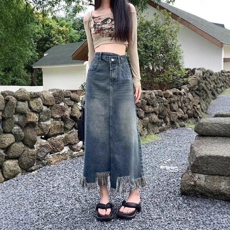 毛边牛仔春夏季2025日系年中长款