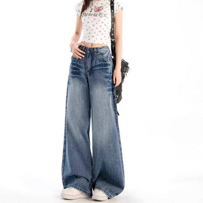 宽松牛仔裤常规拖地新款高腰个性阔腿女辣妹复古美式显瘦长裤休闲