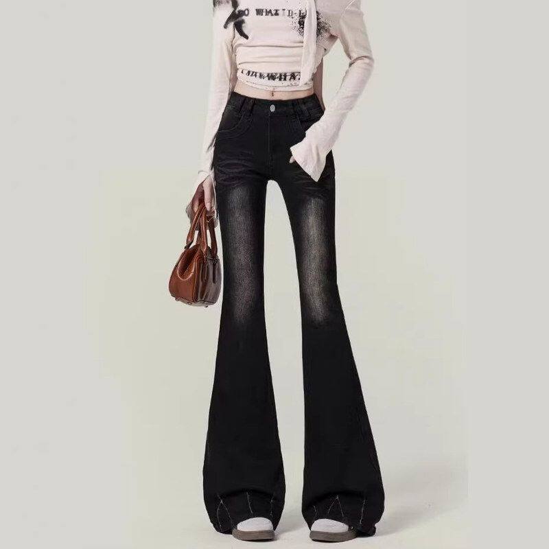 牛仔裤微喇拖地高腰高街裤子显瘦修身喇叭裤黑色新款美式女垂感长