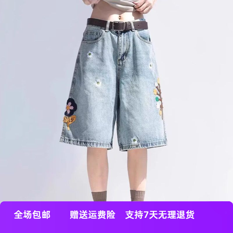 五分裤七分阔腿新款高腰男女2025夏季牛仔a绣花直筒字裤子短薄款
