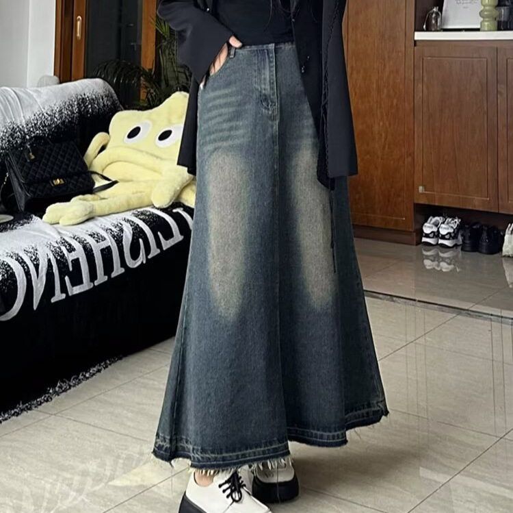 春季做旧显瘦复古半身裙设计长款