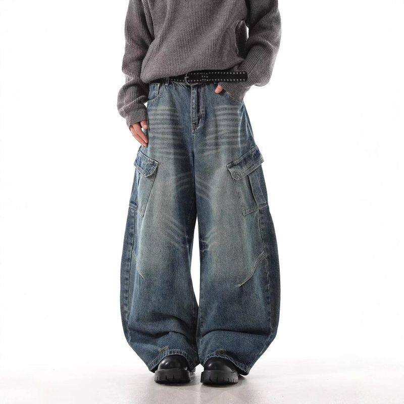 女美式阔腿复古春季牛仔裤长裤高街工装新款毛边直筒宽松显瘦高腰