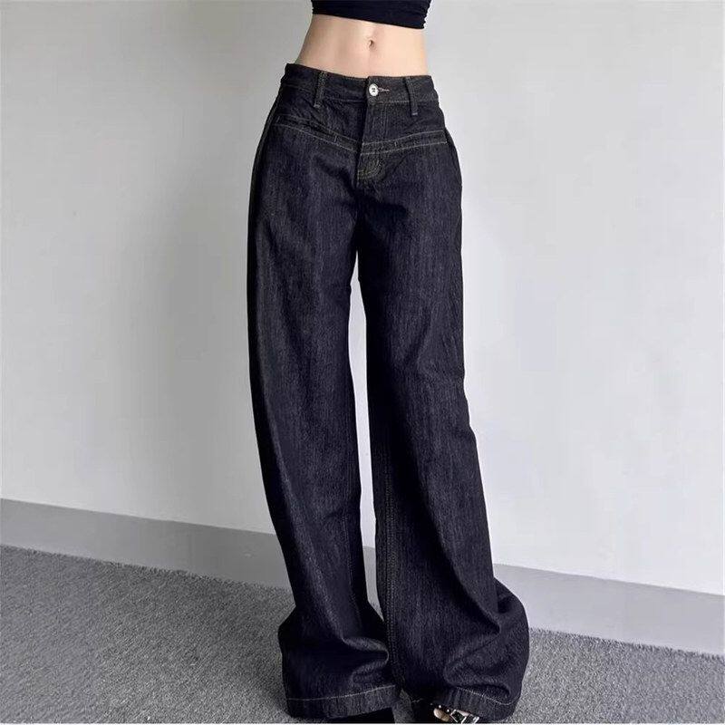 女阔腿牛仔裤裤加长深蓝色复古美式拖地显瘦夏季直筒高腰宽松新款
