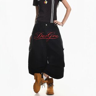 女字母夏季裤潮工装裤阔腿爵士舞搭弯刀刺绣裤子jazz嘻哈穿设计感