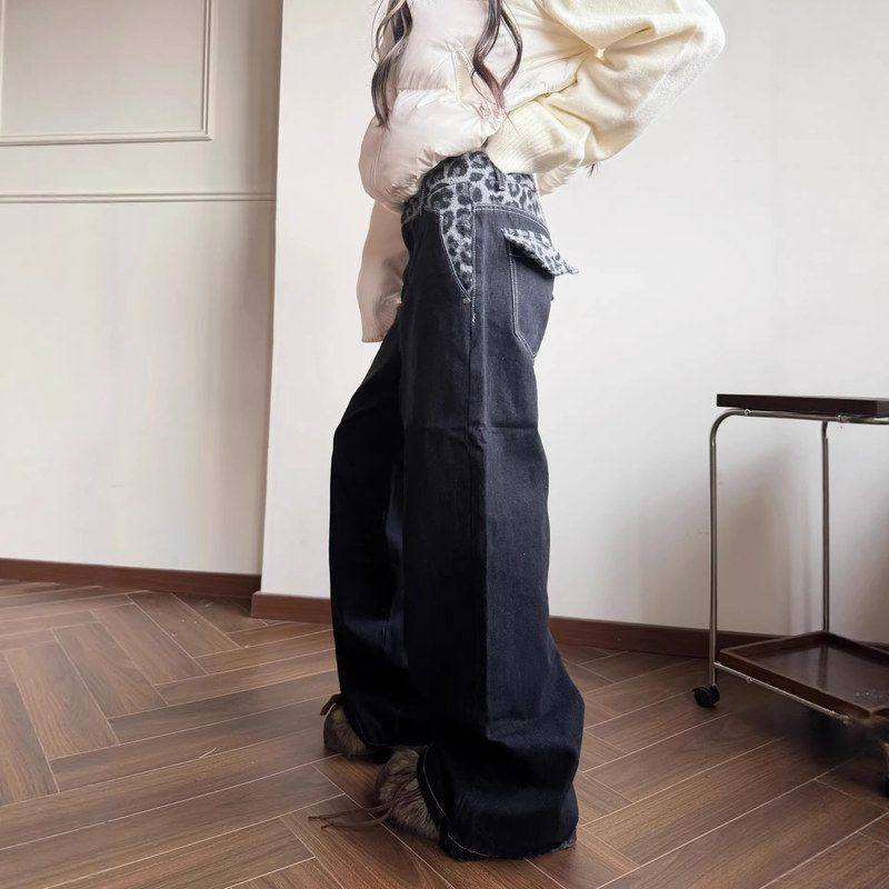 女款2025裤子冬季新款拼接直筒裤腰头阔腿裤牛仔裤加长设计感豹纹