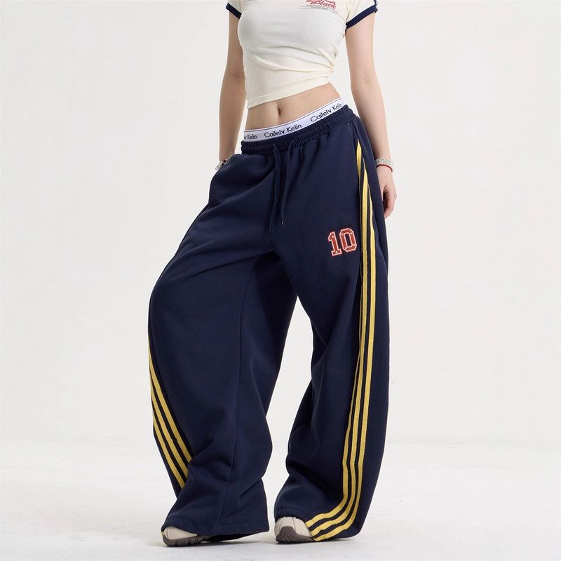 宽松高腰直筒新款子2025抽绳女秋款束脚休闲运动裤卫裤双杠阔腿裤