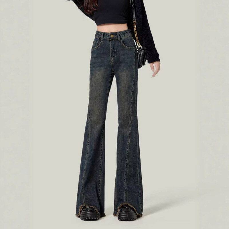 毛边时尚显瘦裤子微修身喇叭拖地浅蓝色马蹄高腰外贸牛仔裤女春款