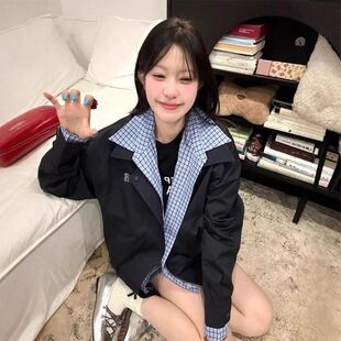 学生格纹棒球复古春季工装服美式外套宽松高级感拼接女假两件夹克