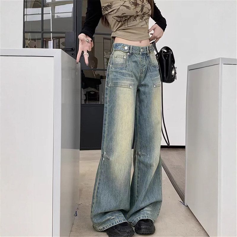 女牛仔裤春秋长裤复古显瘦百搭微喇跨境阔腿水洗低腰新款宽松拖地