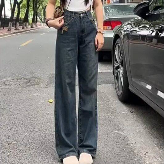 高腰小个子女设计感窄版美式直筒裤新款春装阔腿牛仔裤宽松2025年