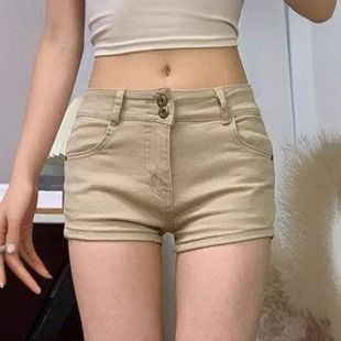 百搭复古弹力高腰大码辣妹超短裤夏季包臀女牛仔裤胖不规则双扣mm