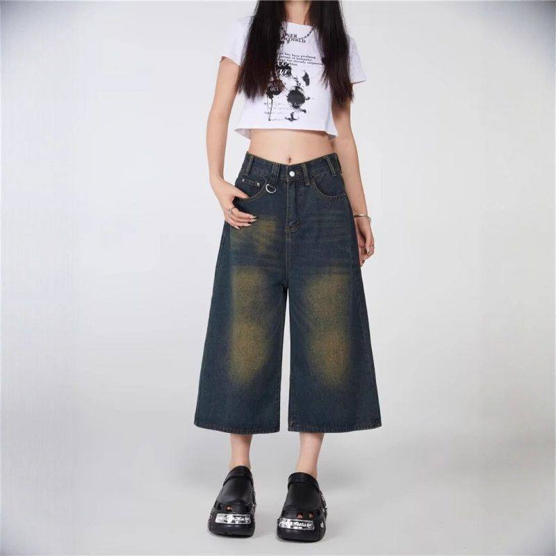 牛仔短裤宽松中裤设计感美式廓形水洗阔腿痞帅女高街复古七分做旧