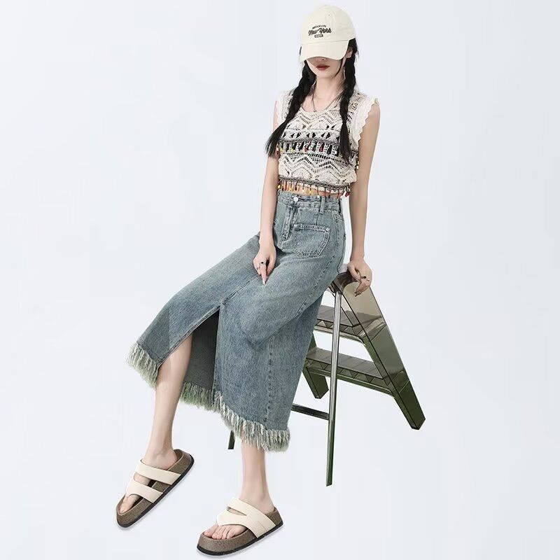 毛边半身裙流苏美式夏季2025新