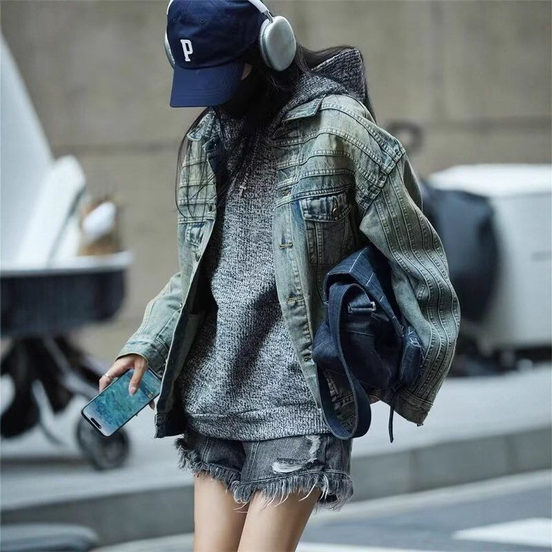 时尚牛仔外套潮牌韩版ins春秋季破洞棒球褂子男女潮流学生服夹克