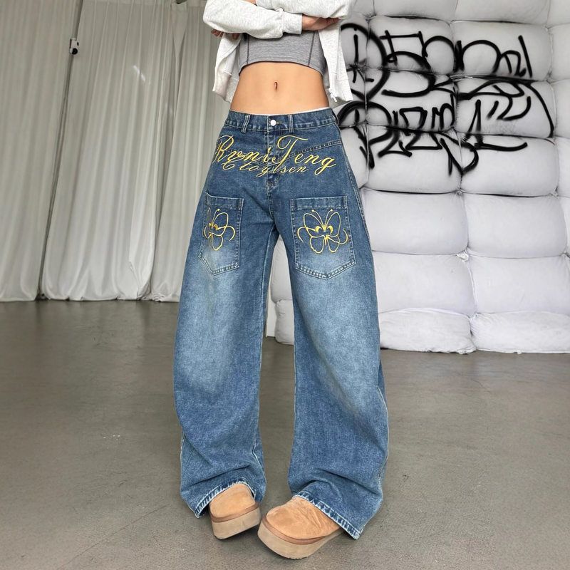 牛仔裤秋装阔腿裤女孩直筒裤印花