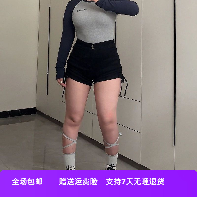 薄款a大码夏季热裤胖牛仔短裤字女抽绳黑色mm辣妹高腰显瘦设计感