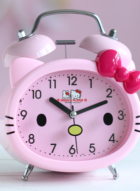 kt猫走时静音闹钟卡通学生用床头儿童家用响铃大声打铃小闹钟表
