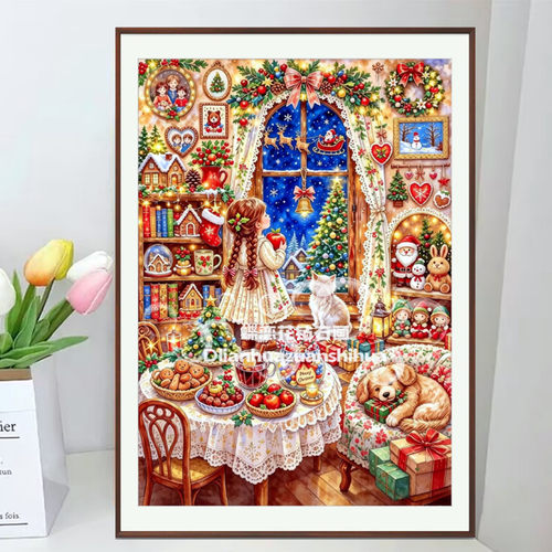 diy北欧温馨圣诞小屋小女孩小猫狗钻石画手工贴钻满钻十字绣新款