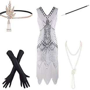 外贸女1920s盖茨比舞会亮片流苏裙套装 宴会派对连衣裙晚礼服女装