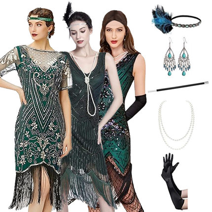 聚会派对1920s复古盖茨比性感绿色亮片连衣裙欧美宴会V领晚礼服