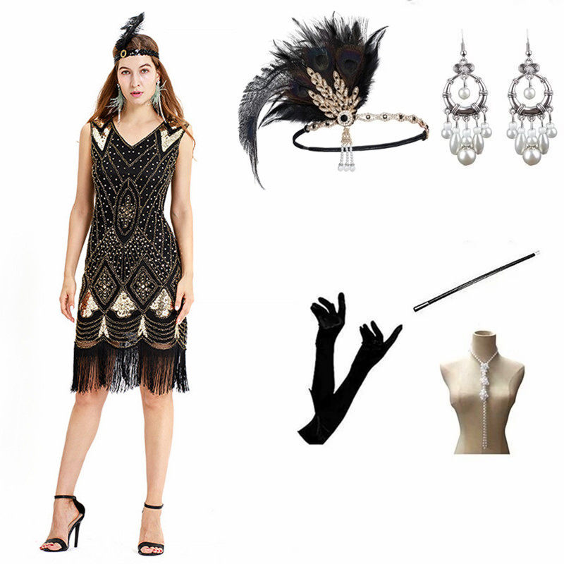 欧美复古流苏派对礼服裙1920S盖茨比晚礼服性感V领无袖连衣裙套装