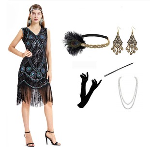 新款 1920s复古亮片流苏盖茨比舞会晚礼服主持亚马逊编织V领连衣裙