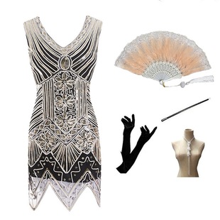 新款 双V领性感亮片手工编织晚礼服1920s盖茨比复古服饰