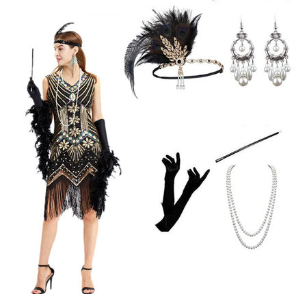 S-4XL大码复古连衣裙 亮片晚礼服宴会欧美1920爆款盖茨比套装