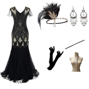 亚马逊1920S复古盖茨比晚礼服亮片长款 连衣裙V领宴会小礼服