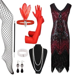 2024新品 欧美复古1920S盖茨比聚会晚礼服钉珠亮片流苏连衣裙 套装