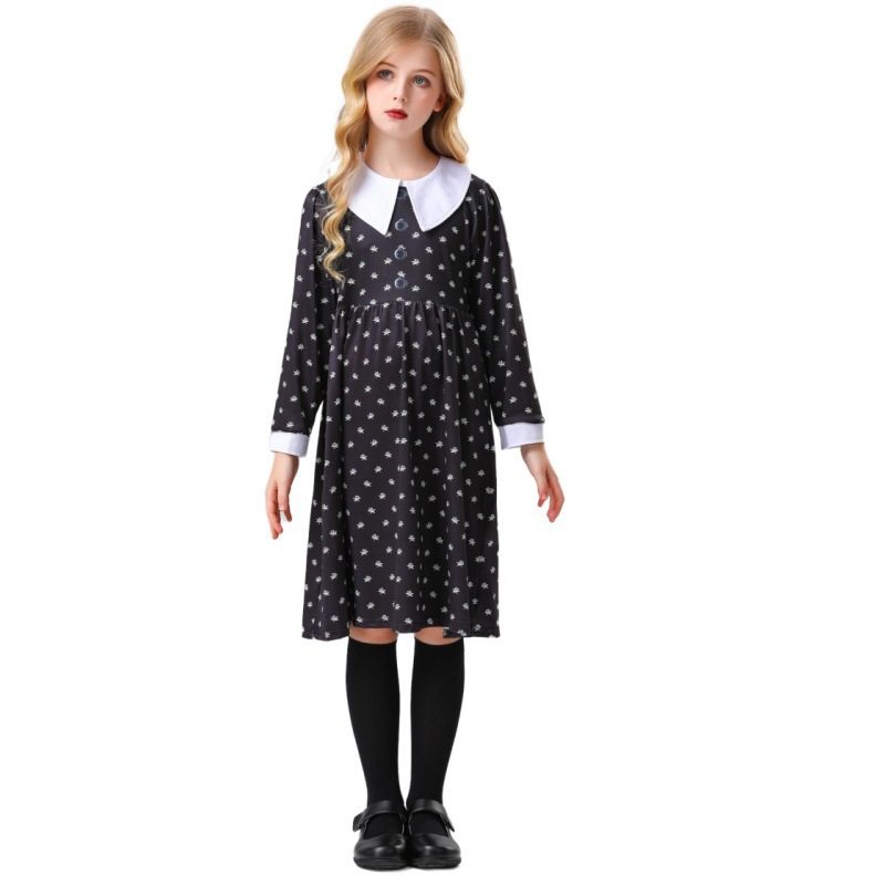 亚马逊外贸爆款亚当斯一家cos服儿童黑白连衣裙万圣节舞台表演服