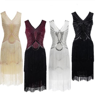 复古连衣裙 流苏无袖 亚马逊新款 1920S盖茨比亮片手工钉珠晚礼服