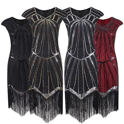 1920S复古欧美电影礼服裙亚马逊品质爆款流苏手工编织亮片连衣裙