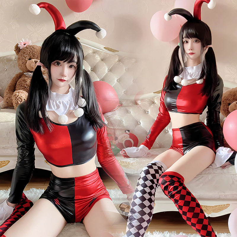 万圣节新款角色扮演舞台黑红紧身性感服 滑稽小丑服装扮演服
