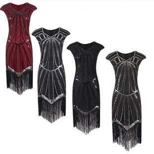 1920S复古欧美电影晚礼服亚马逊爆款 连衣裙 盖茨比流苏亮片无袖
