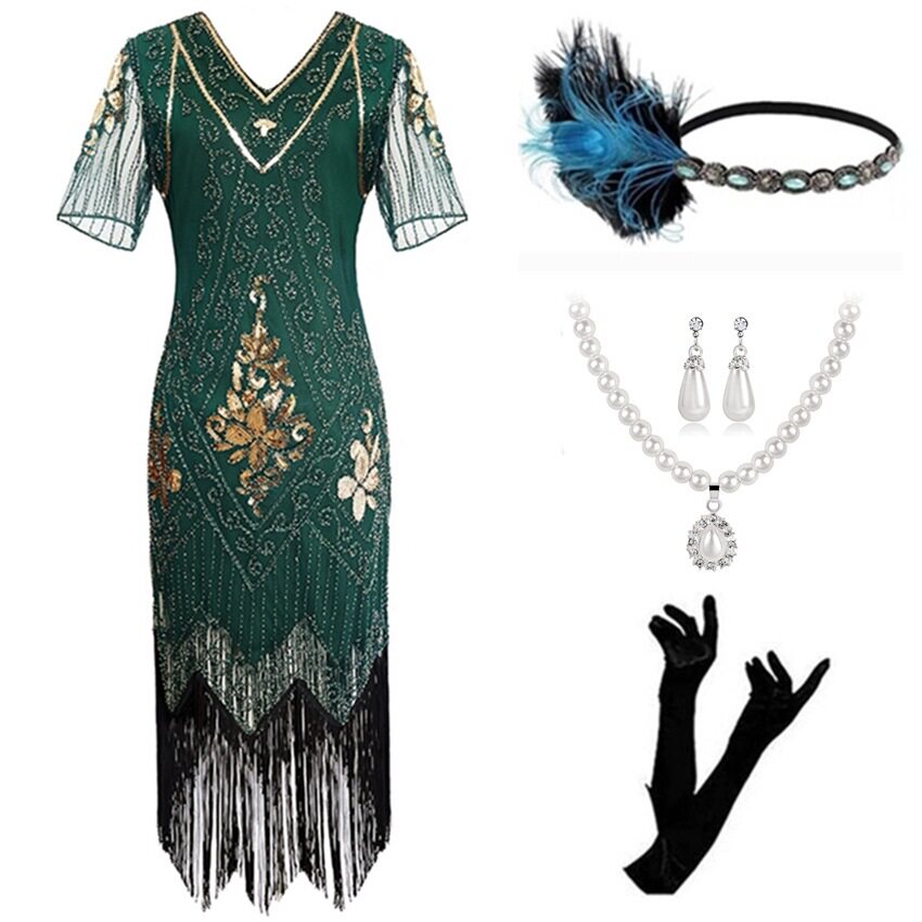 亚马逊爆款盖茨比1920S欧美亮片复古晚礼服舞会V领流苏连衣裙