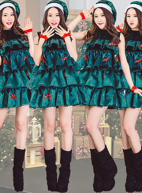 亚马逊外贸圣诞节服装绿色圣诞树cosplay无袖多层蛋糕裙女圣诞裙
