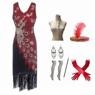 订珠亮片流苏连衣裙 1920s复古盖茨比晚礼服V领无袖 新款 亚马逊爆款