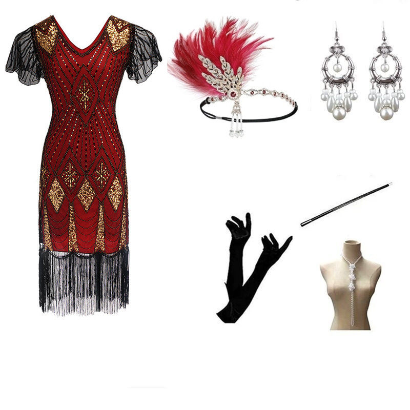 亚马逊爆款亮片流苏连衣裙1920S复古V领盖茨比晚礼服舞会表演服装