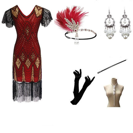 亚马逊爆款亮片流苏连衣裙1920S复古V领盖茨比晚礼服舞会表演服装