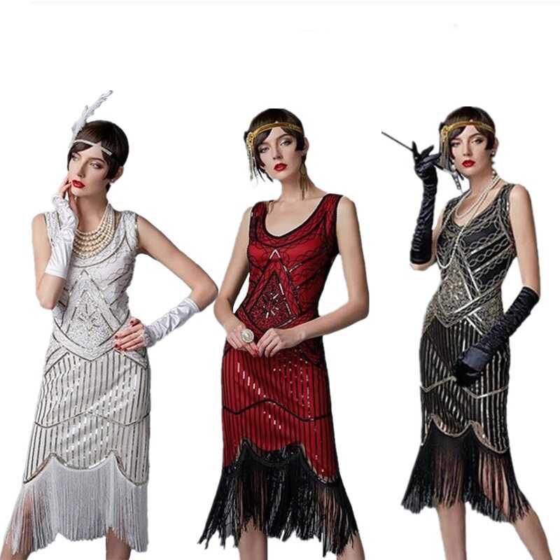 新款大码1920S复古V领流苏连衣裙亚马逊爆款盖茨比舞会刺绣晚礼服