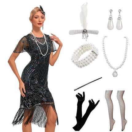 欧美1920S复古盖茨比晚礼服性感透视袖亮片流苏连衣裙套装