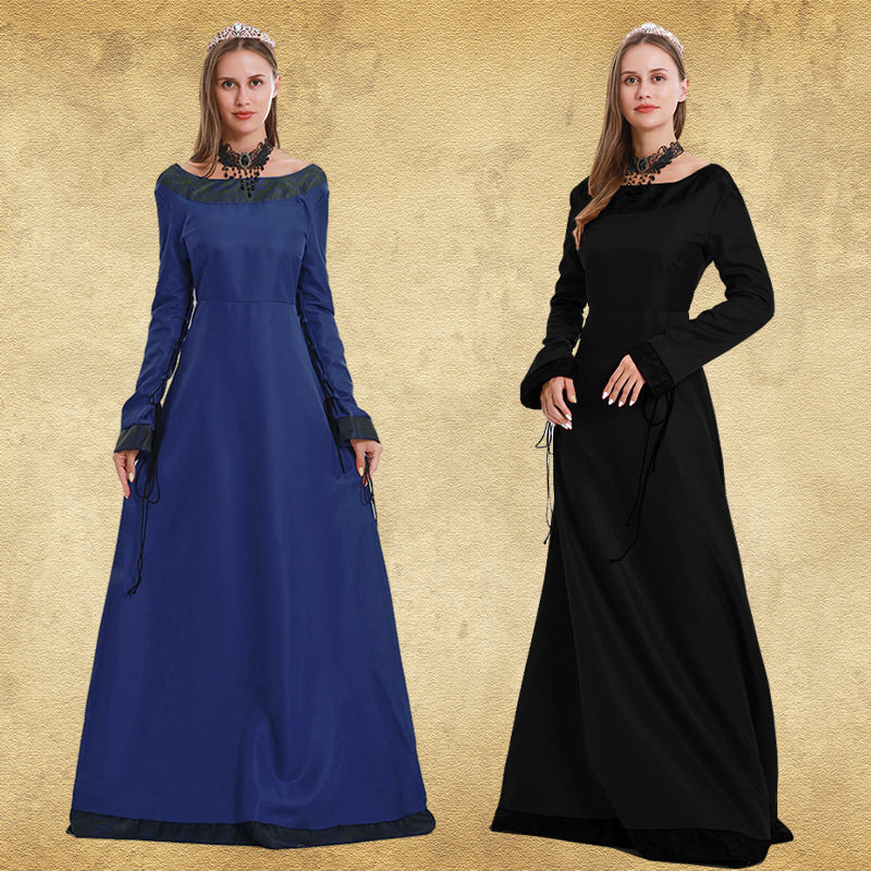 亚马逊外贸新款欧美万圣节圆领长袖长裙复古宫廷舞台表演服连衣裙