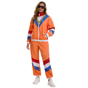 欧美80年代复古迪斯科服装男女同款橙色长裤外套运动服两件套