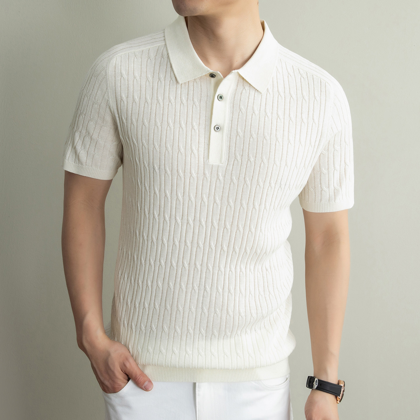 编织绞花纹理男士针织短袖翻领POLO衫商务高智感薄款天丝亚麻T恤