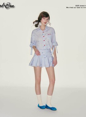 H2AN1 STUDIO翻领中袖收腰衬衫裙蓝白条纹连衣裙荷叶边百褶裙