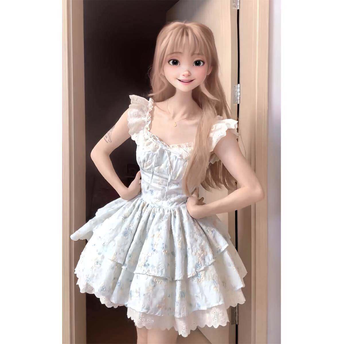 樱织花翎小飞袖温柔碎花连衣裙女夏日绝美公主蛋糕裙收腰蓬蓬裙子